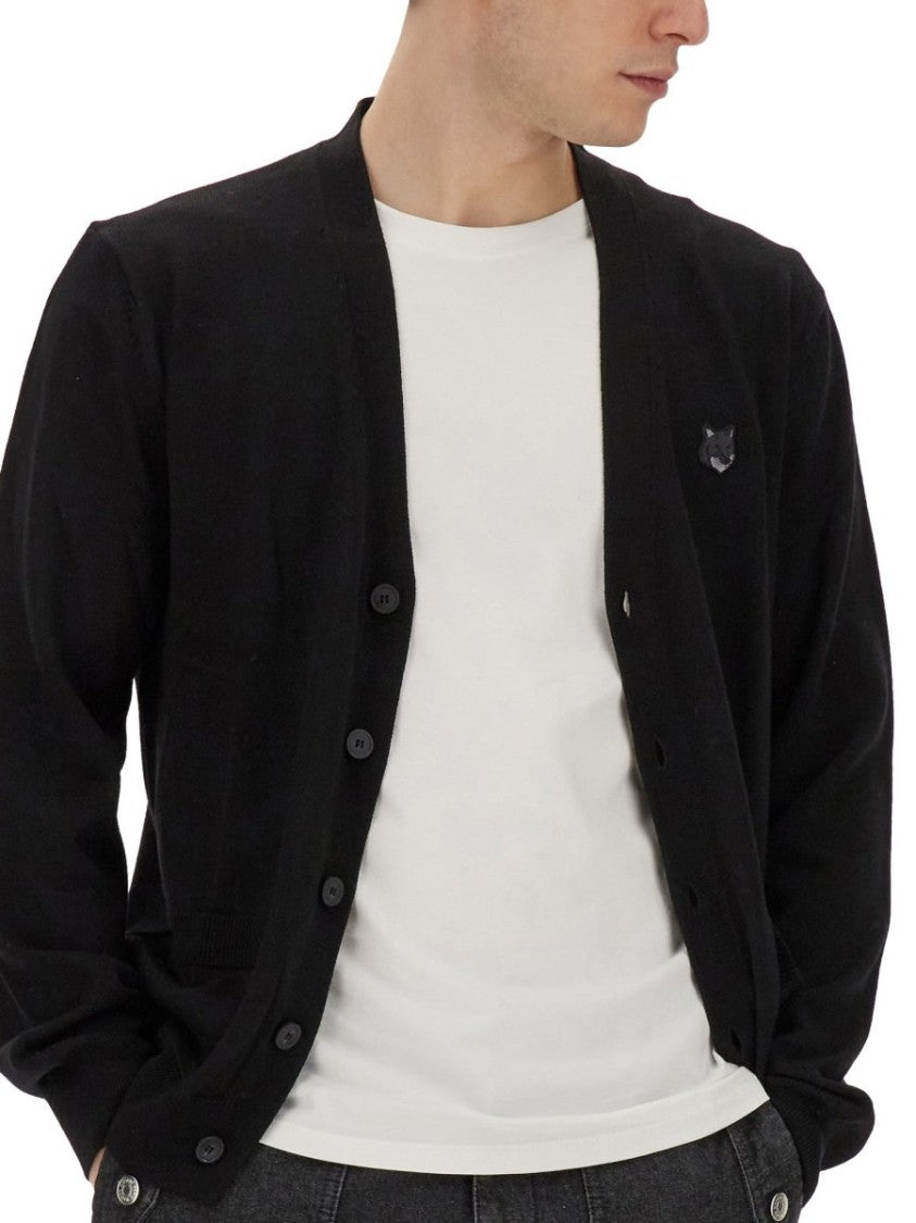 Maison Kitsuné Black Wool Cardigan With V-Neckline And Embroidered Fox Emblem