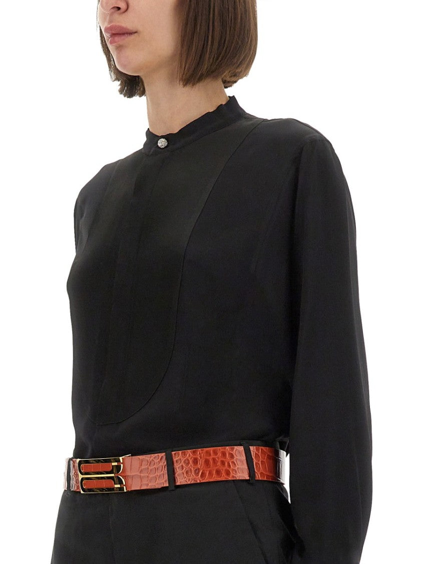 Victoria Beckham High Neck Black Silk Shirt With Pleat Detail