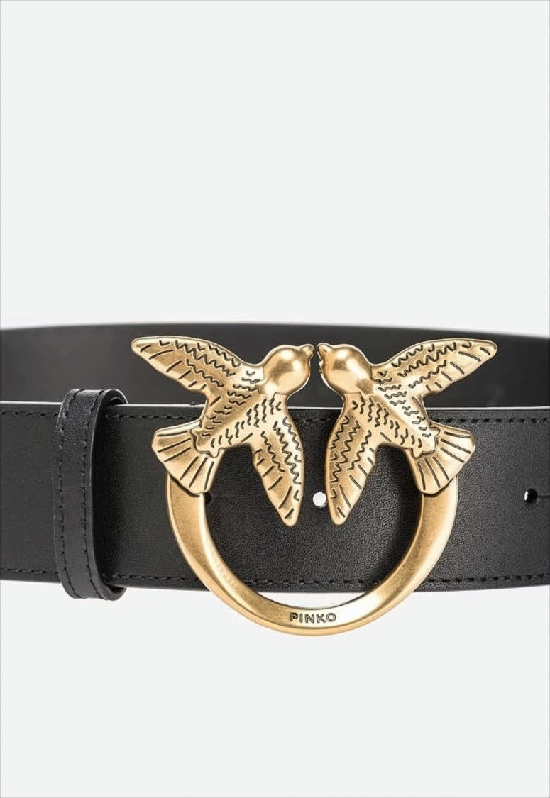 Pinko Love Birds Aged Metal Buckle Leather Belt