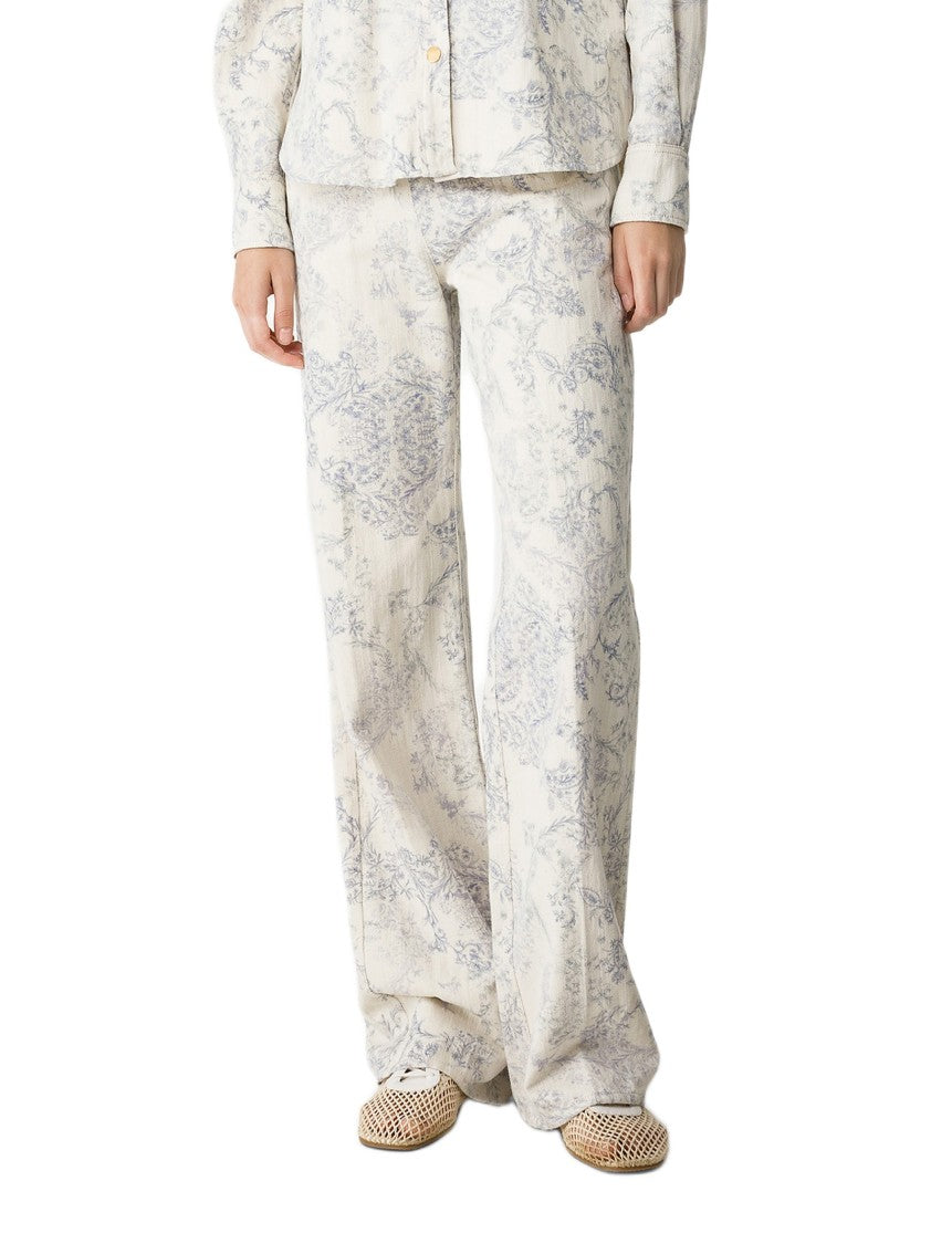 Forte Forte High-Waisted Denim Trousers With Floral Print
