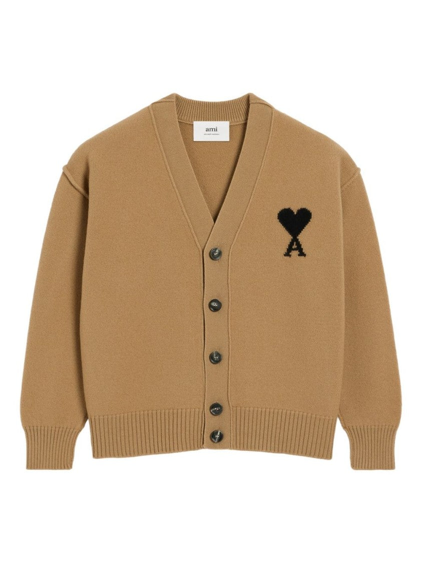 Ami Classic V-Neck Wool Cardigan With Signature Logo