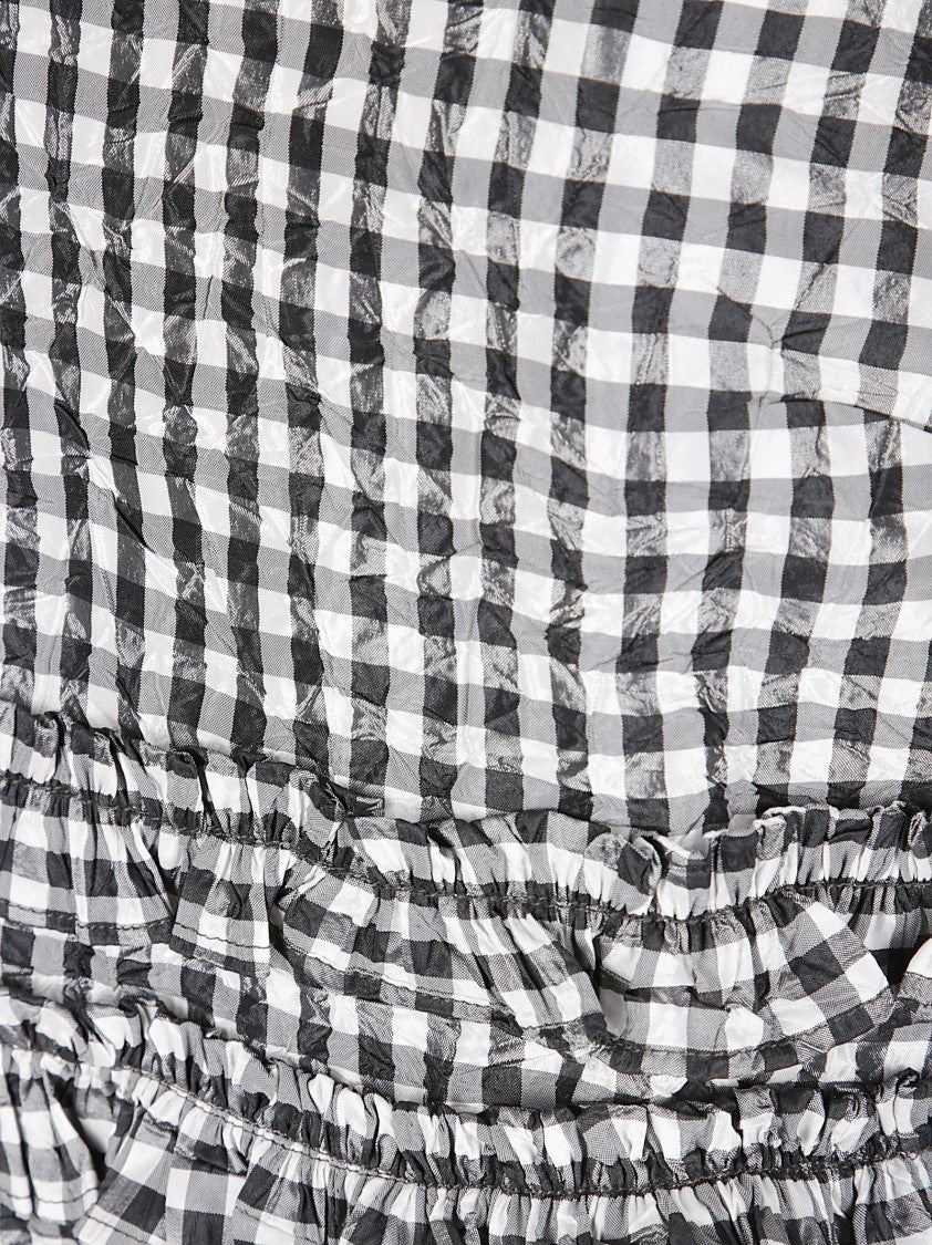Ganni Crinkled Taffeta Gingham Top With Ruches