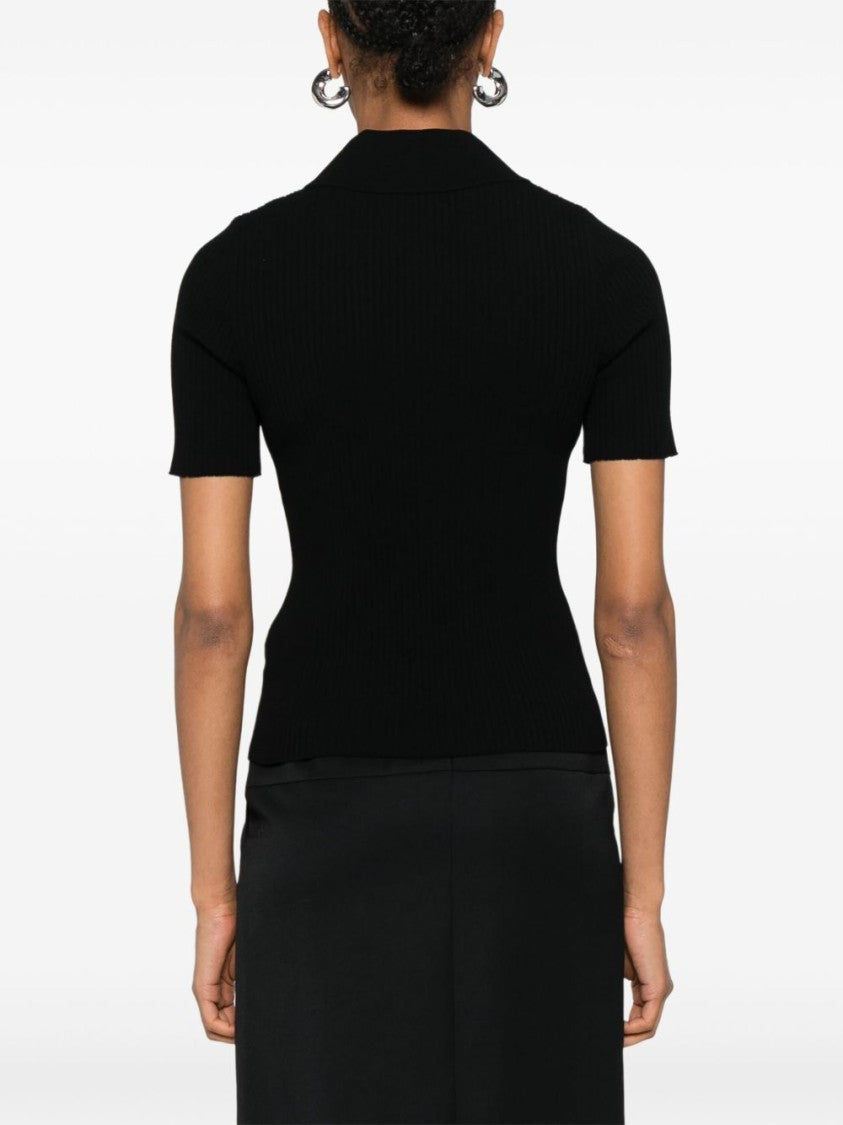 Courrèges Black Ribbed Knit Polo Collar Top