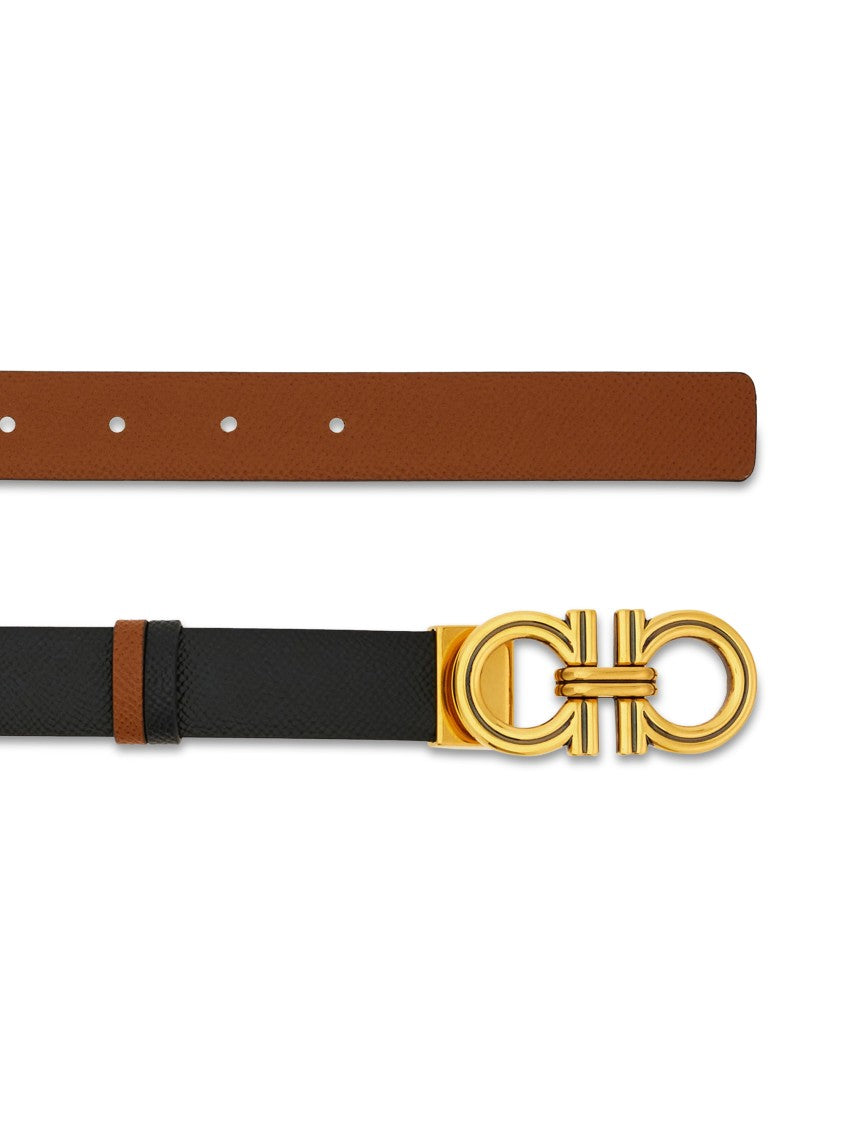 Ferragamo Reversible Leather Belt With Gold-Tone Double Gancini Buckle
