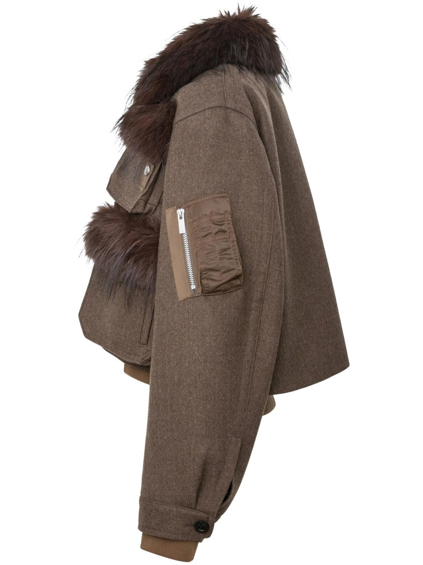 Sacai Cropped Wool Melton Blouson With Plush Fur Collar