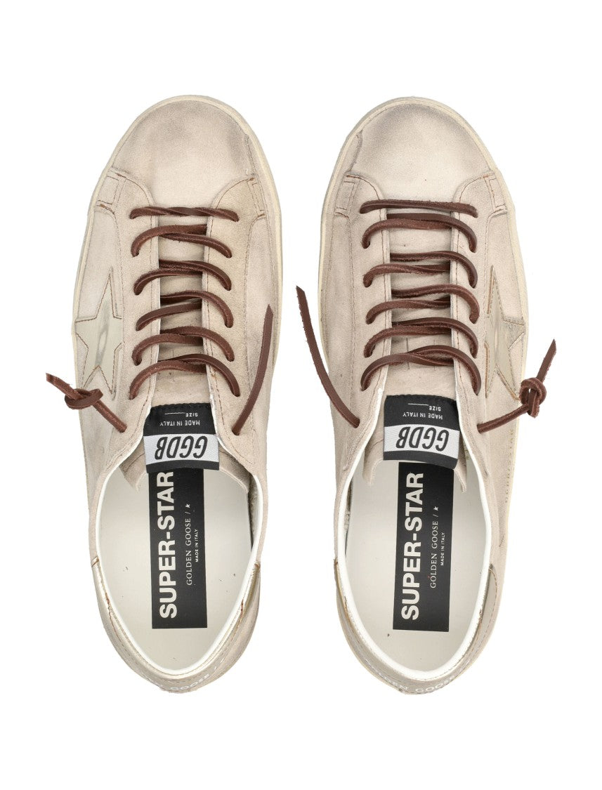 Golden Goose Distressed Beige Suede Sneakers With Metallic Silver Star Detail