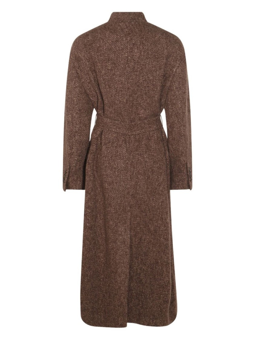 Brunello Cucinelli Textured Brown Long Coat With Wrap-Style Front