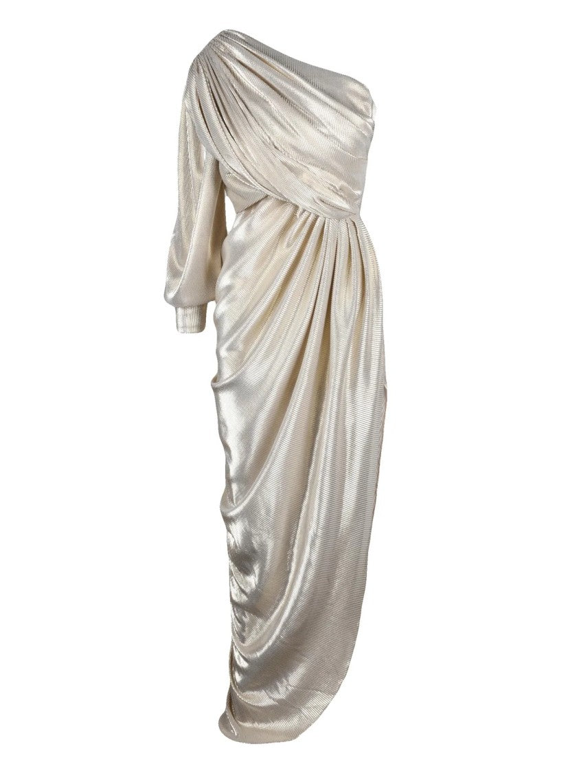 Rhea Costa Silver Polyamide One-Shoulder Lamé Long Dress