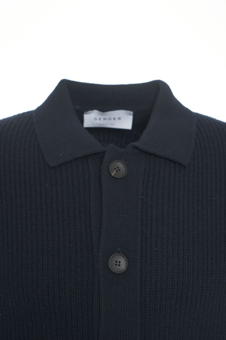Gender Ribbed Knit Jacket With Classic Collar And Functional Pockets