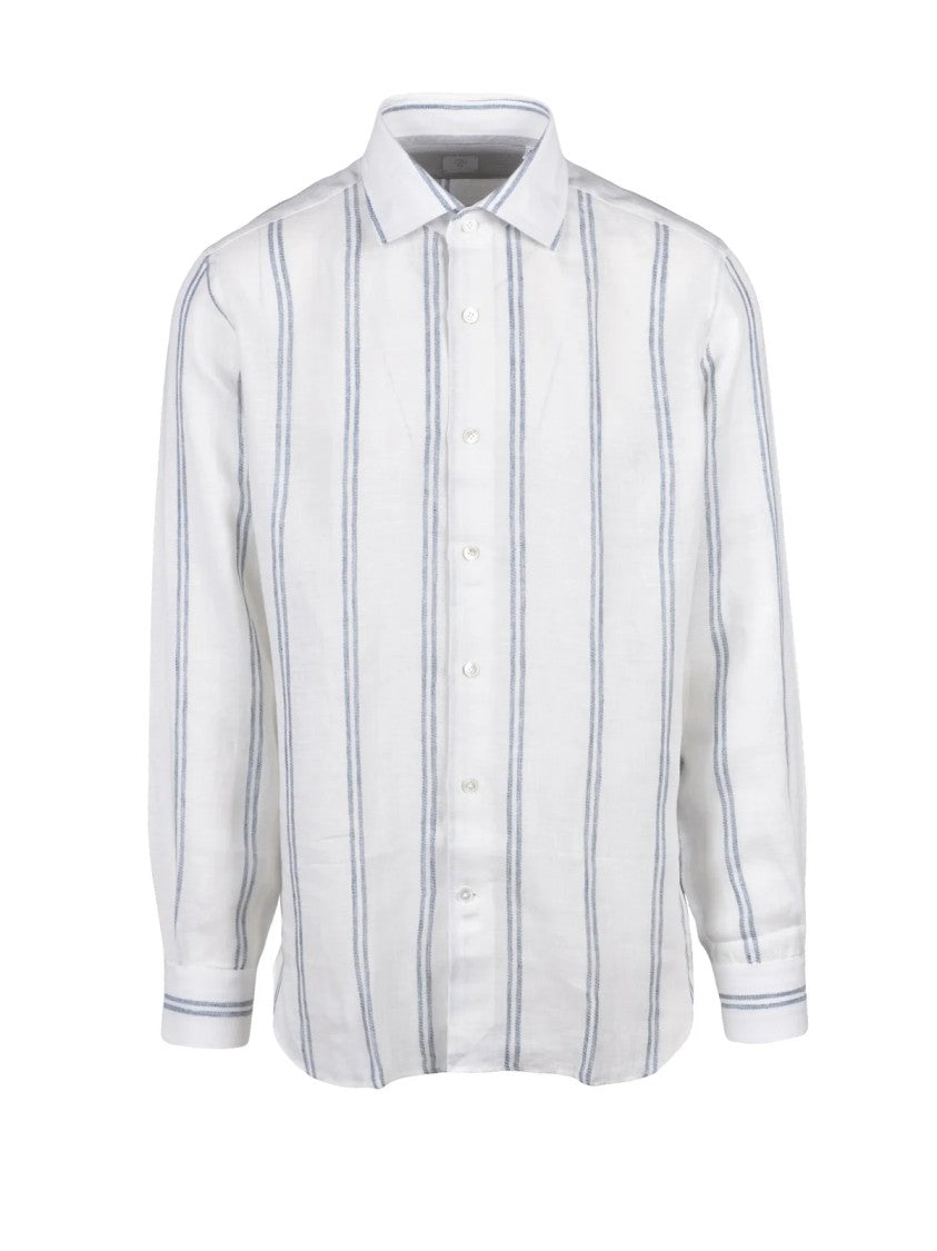 Eleventy White Blue Linen Gauzed Shirt