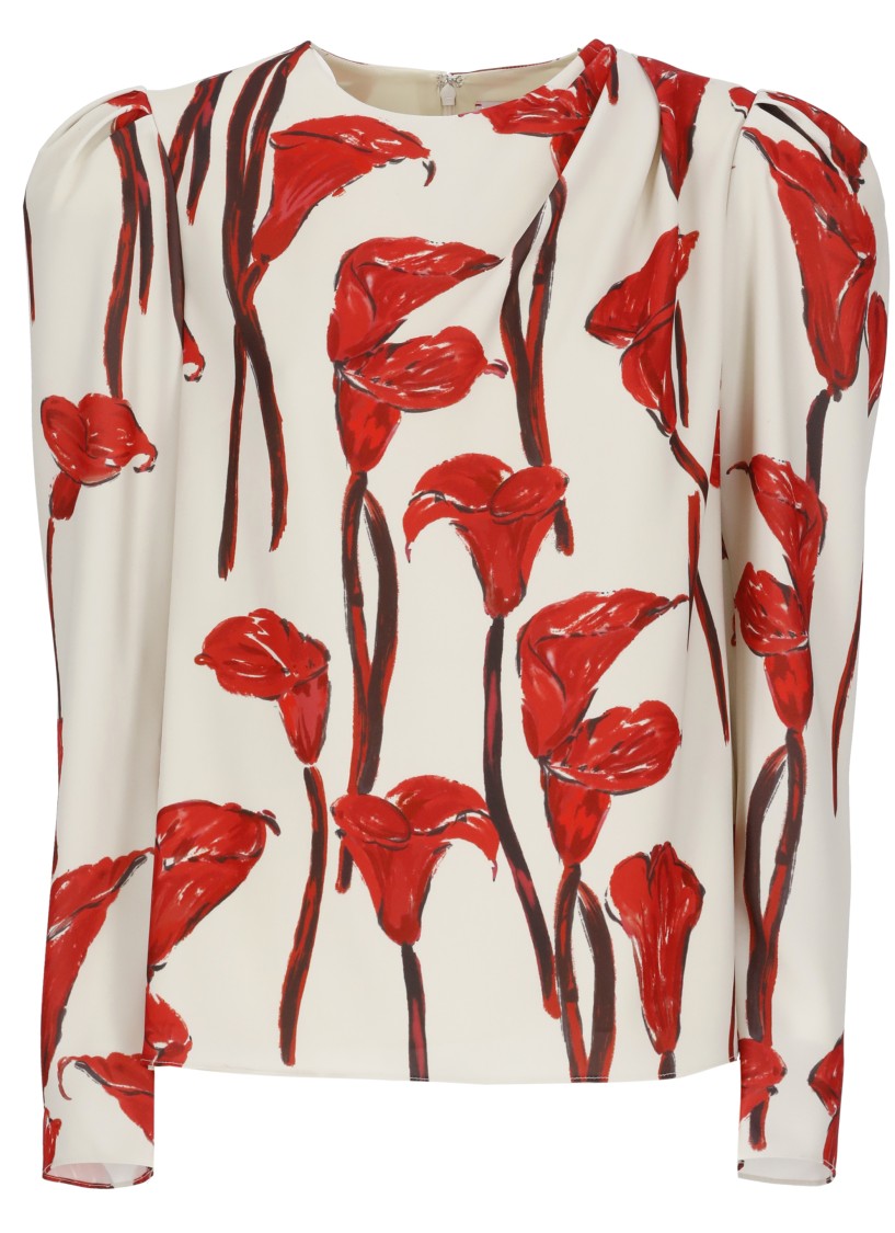 Carolina Herrera Ivory Red Floral Print Puff Sleeve Blouse