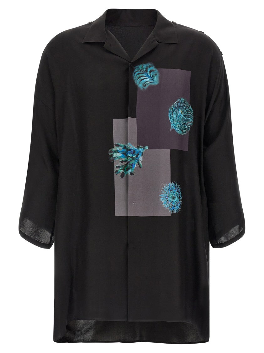 Yohji Yamamoto Marine Motif Satin Silk Shirt With Snap Button Closure