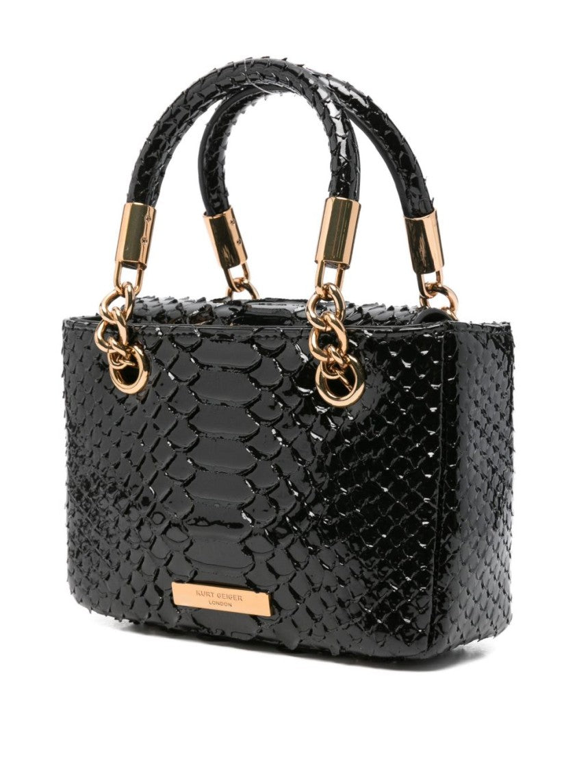 Kurt Geiger Structured Handbag In Glossy Black Snakeskin With Jewel-Encrusted Clasp