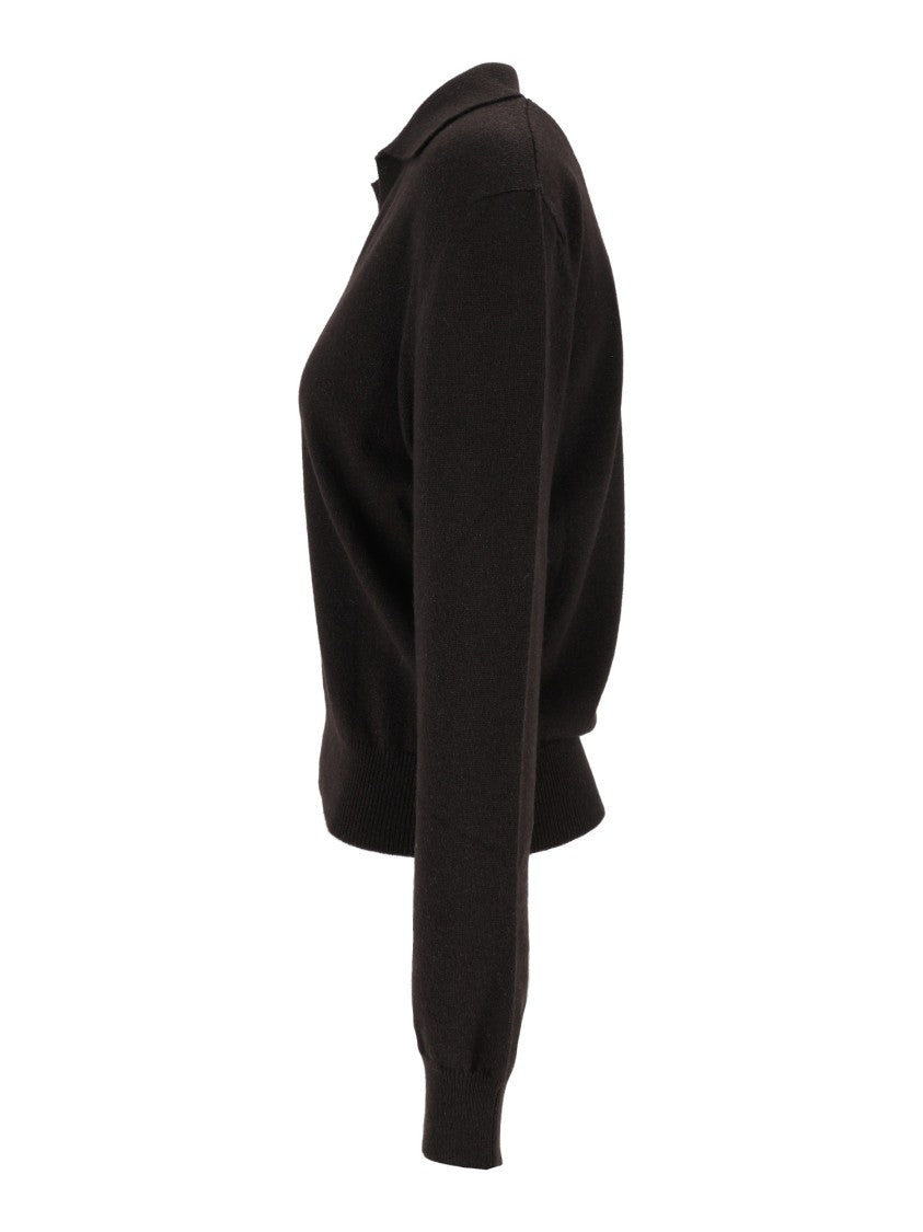 Kangra Cashmere Black Long-Sleeve Open V-Neck Polo Shirt