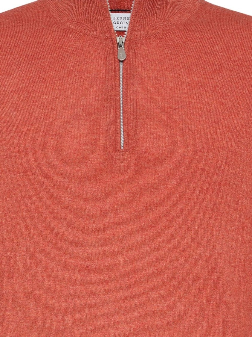 Brunello Cucinelli Ribbed Half-Zip Orange Sweater With High Collar