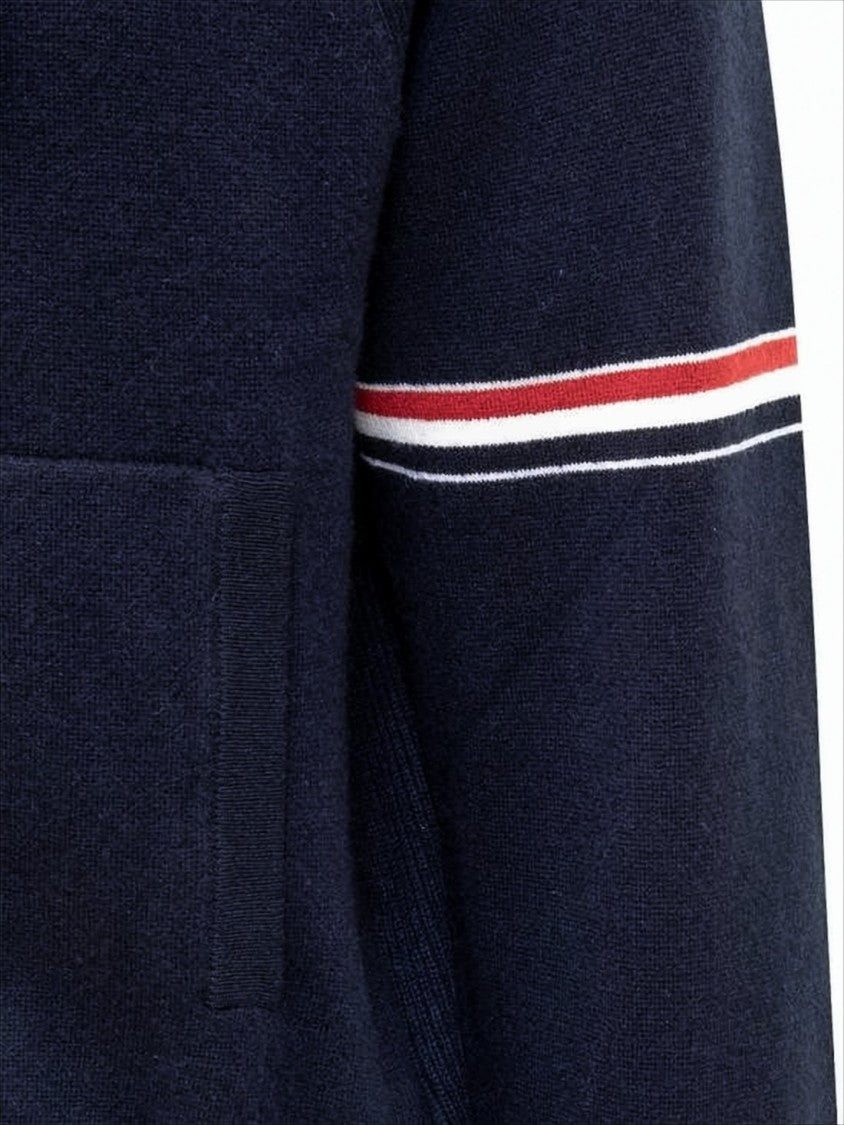 Thom Browne Navy Blue Cashmere Hooded Jacket With Ribbed Cuffs