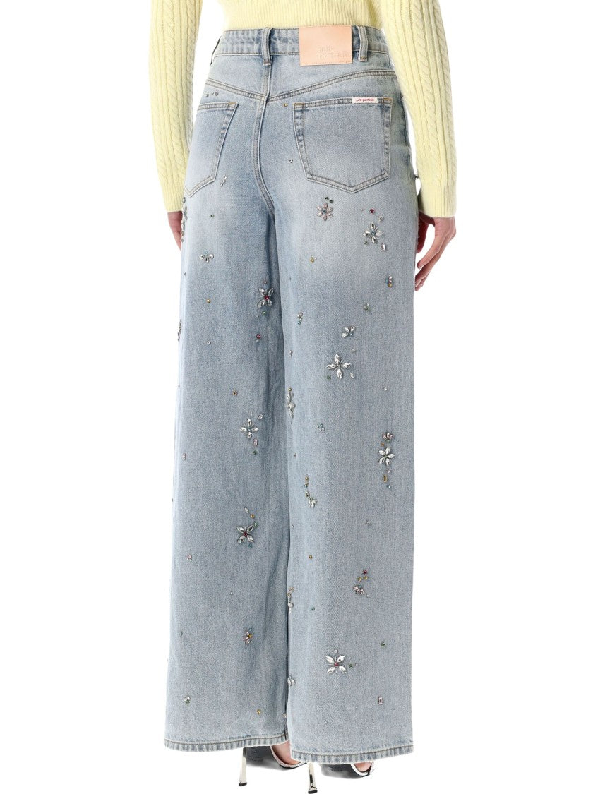 Self-Portrait Embellished Wide-Leg Jeans With Crystal Embellishment