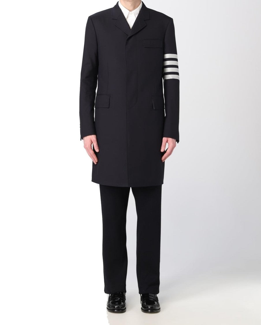 Thom Browne Tailored Black Coat With Asymmetrical Front And Signature Stripe
