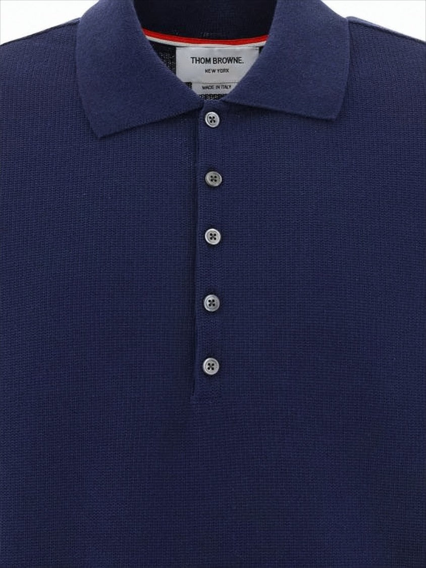 Thom Browne Textured Blue Knit Polo Shirt With Contrast Stripes
