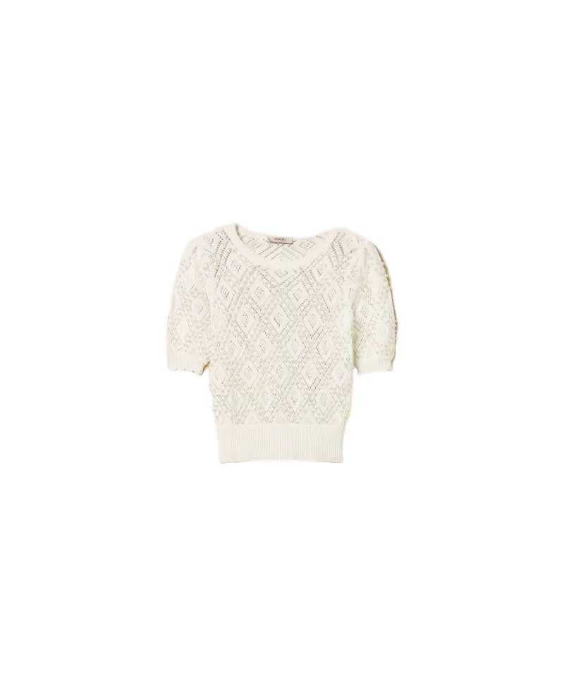 Twin-Set Cotton Punched Diamond Pearl Accent Short-Sleeved Top