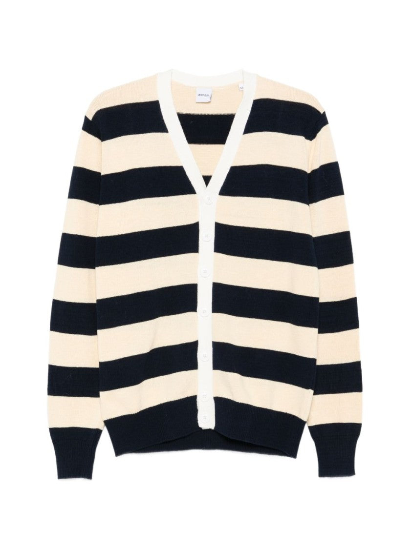 Aspesi Beige And Blue Striped V-Neck Cardigan With Button Fastening