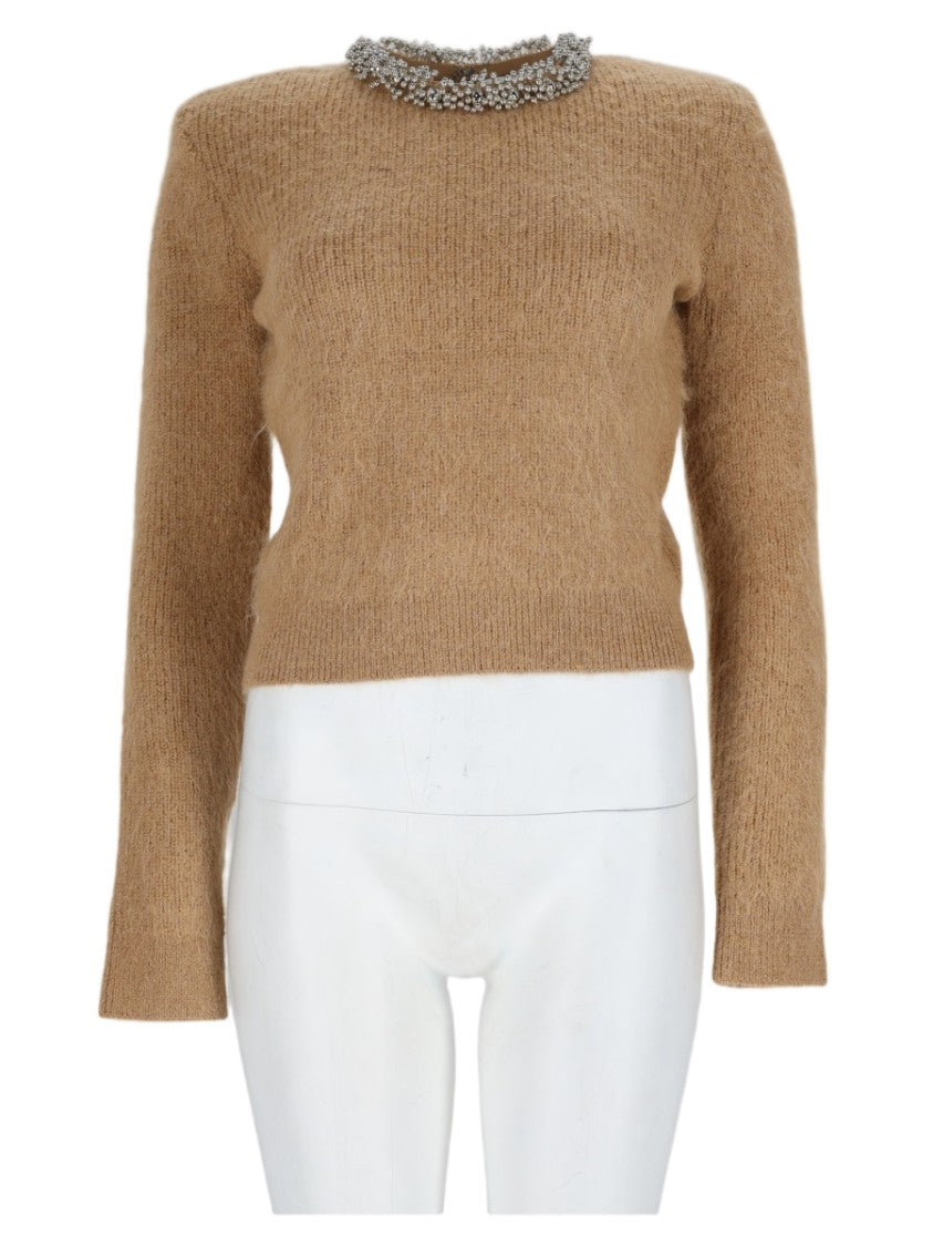 Self-Portrait Brown Embellished Collar Textured Knit Sweater