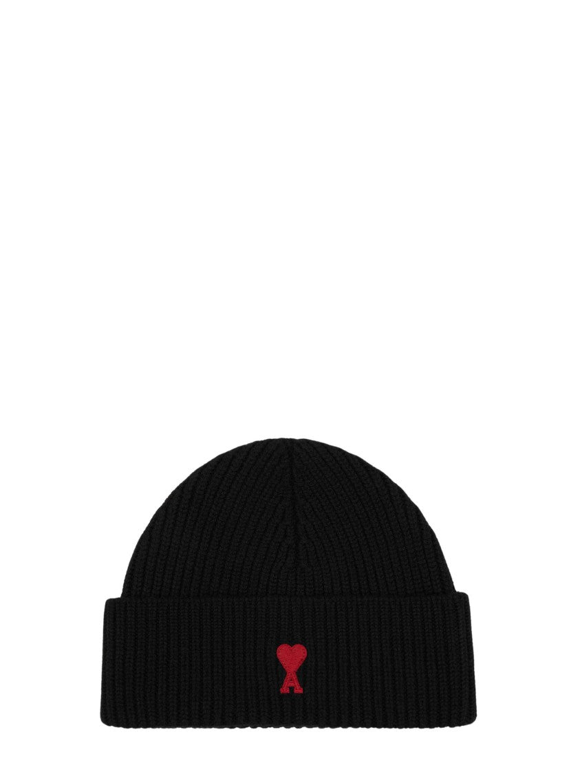 Ami Paris Black Ami De Coeur Ribbed Wool Beanie