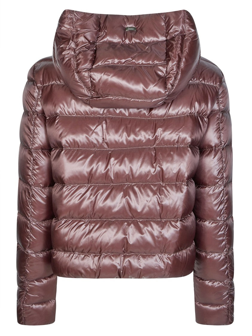 Herno Brown Cropped Glossy Quilted Down Jacket