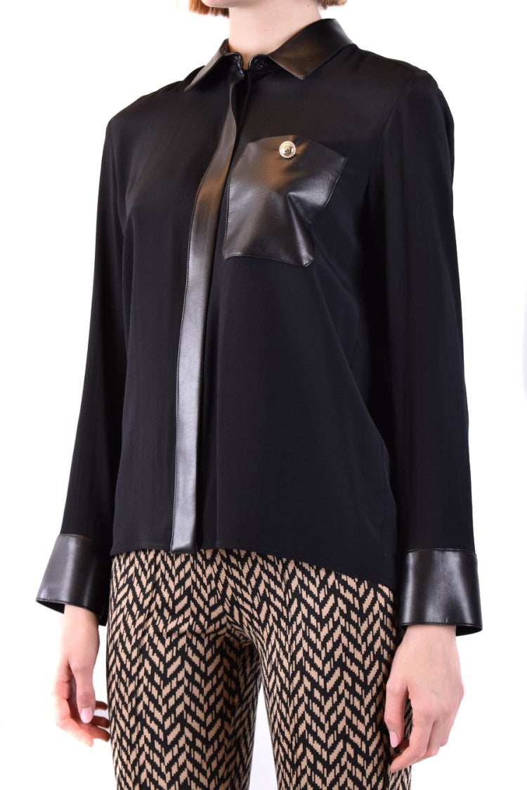 Simona Corsellini Sleek Black Shirt Glossy Leather Accents