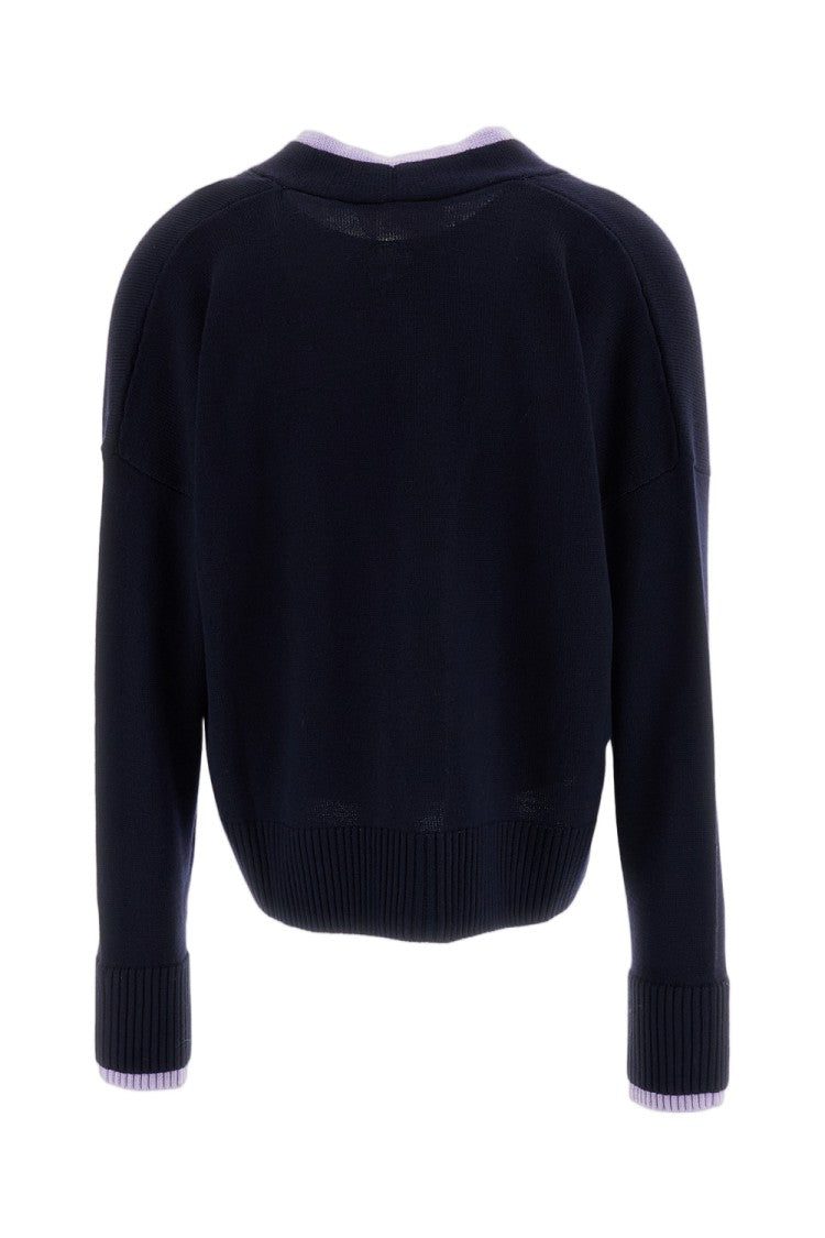 Plan C Blue Lilac Layered V-Neck Wool Cardigan