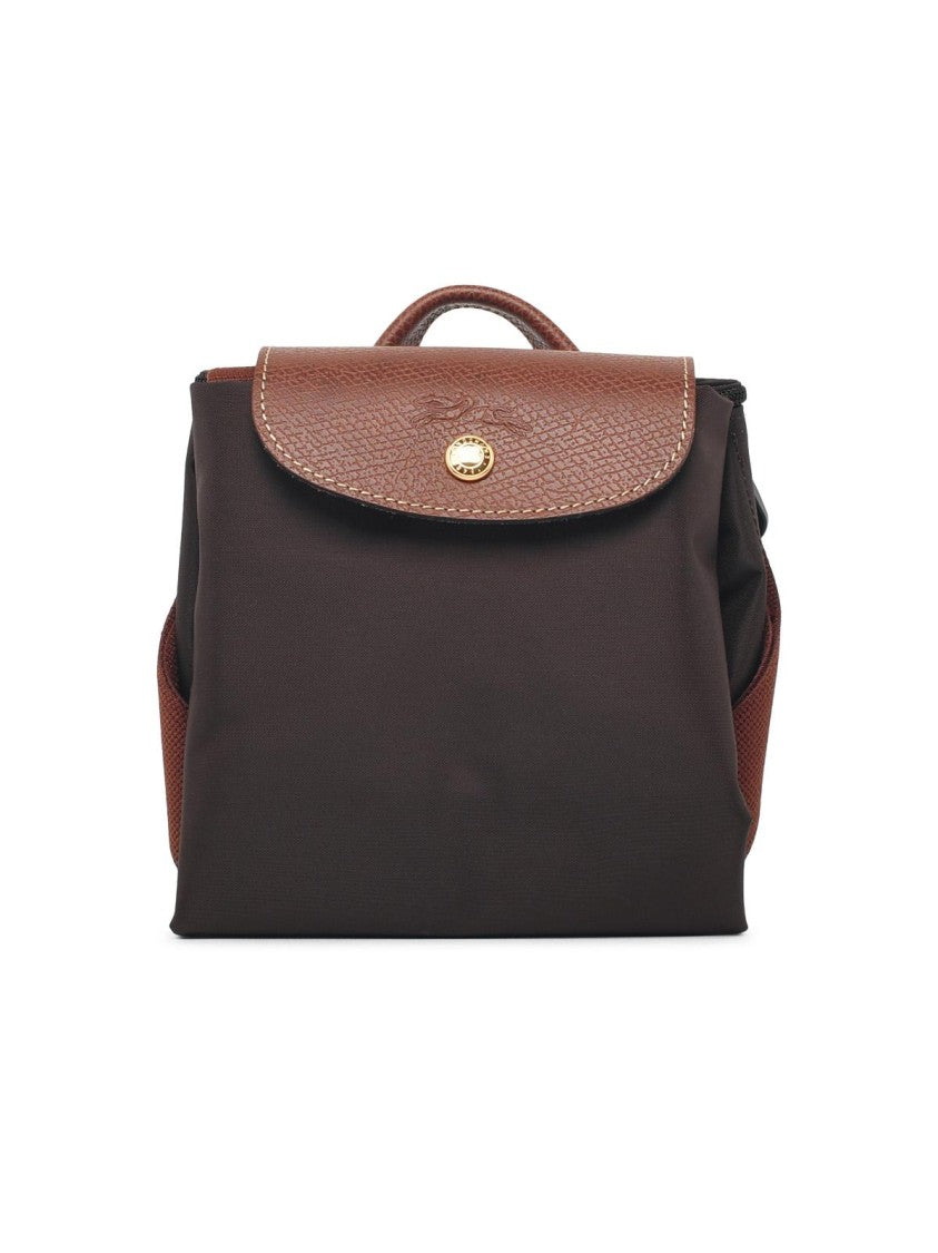 Longchamp Moka Nylon Compact Backpack With Leather Flap And Adjustable Straps