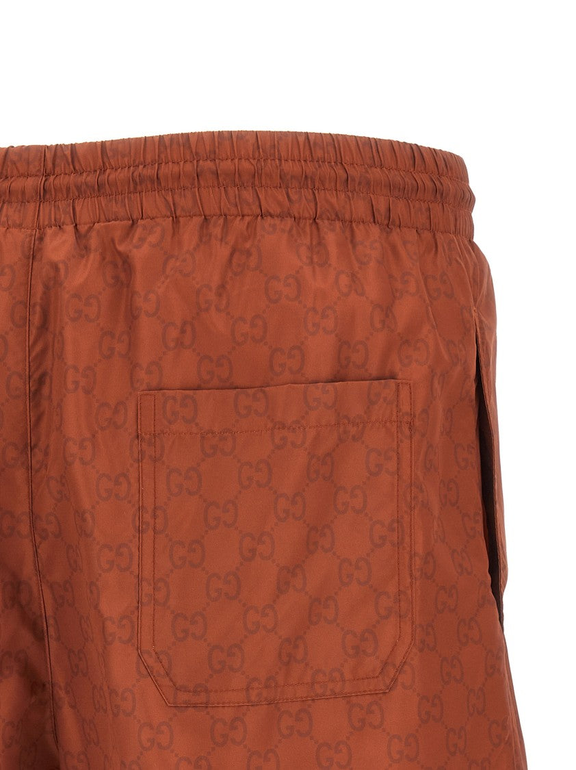 Gucci All-Over Gg Print Brown Swim Shorts With Drawstring Waistband