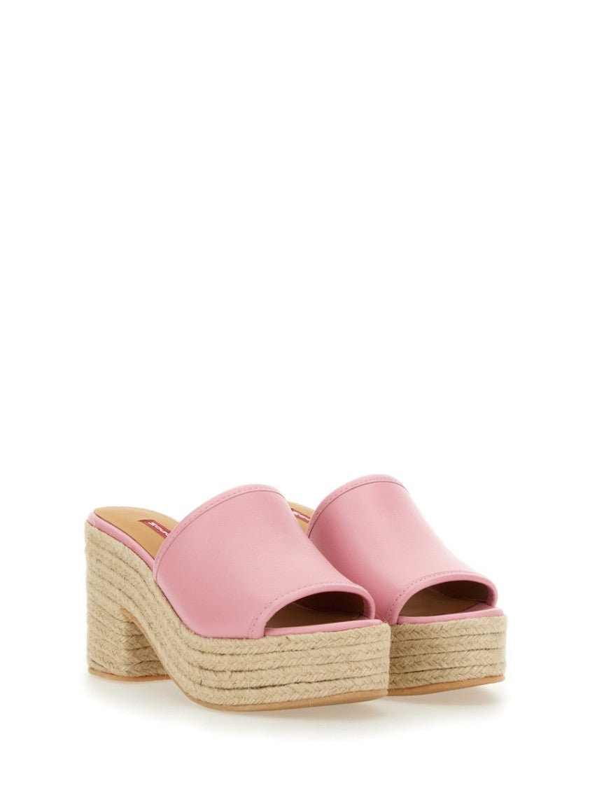 Moschino Pink Leather Sandal With Jute-Wrapped Platform
