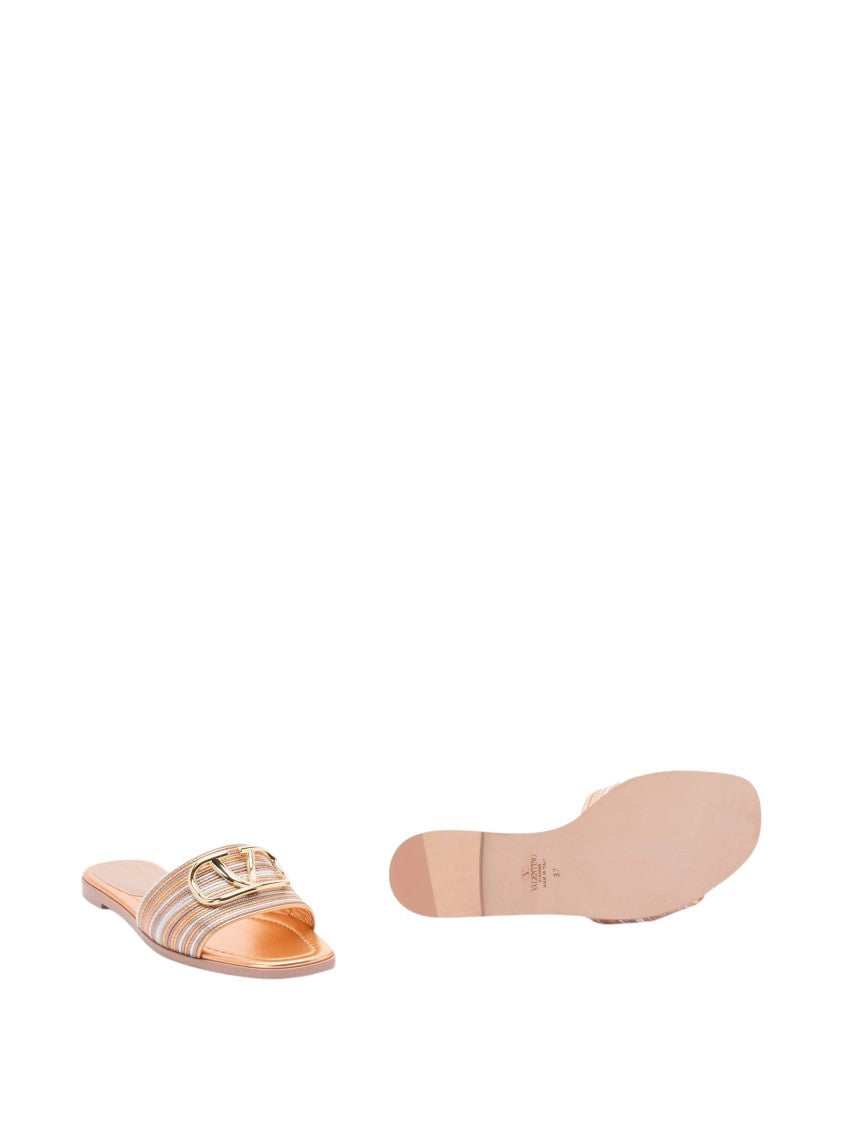 Valentino Slide Metallic Logo Striped Slide Sandals