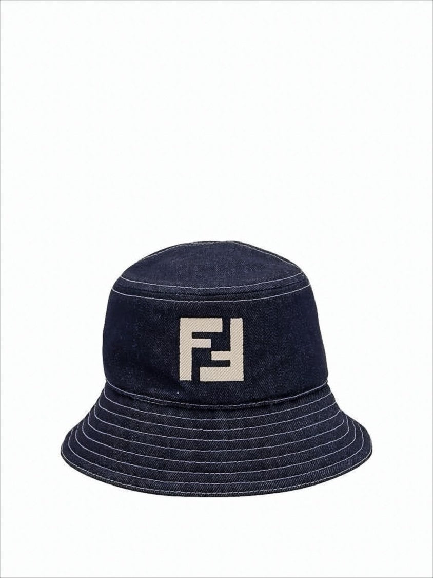 Fendi Navy Cotton Bucket Hat With Geometric Logo Embroidery