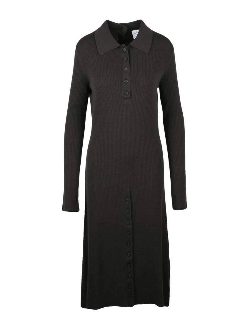 Courrèges Ribbed Knit Midi Dress With Button Placket And Textured Pattern