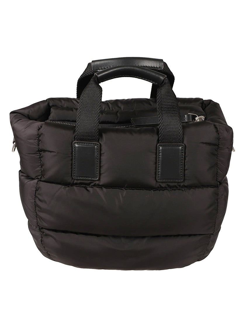 Moncler Compact Quilted Handbag With Leather Accents And Metallic Emblem