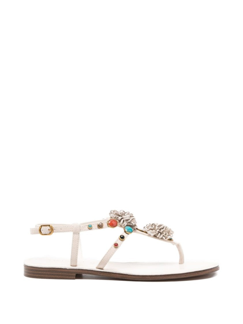 Twin-Set Beige Flower Detail T-Strap Sandals