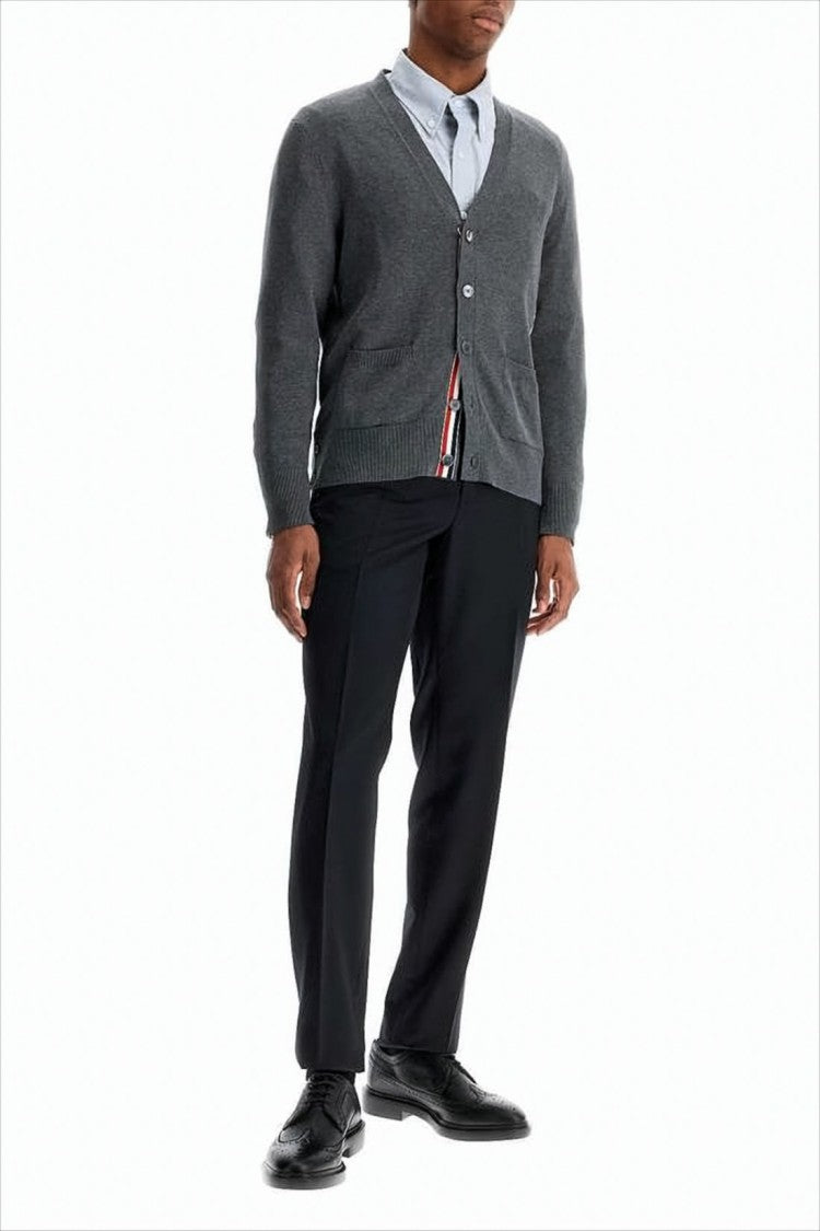 Thom Browne V-Neck Cotton Cardigan With Ribbed Cuffs And Subtle Stripes