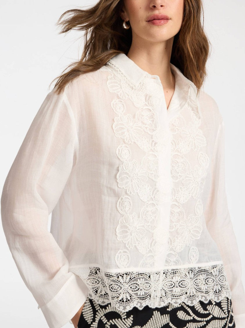 Elena Miro` Semi-Sheer White Floral Lace Blouse