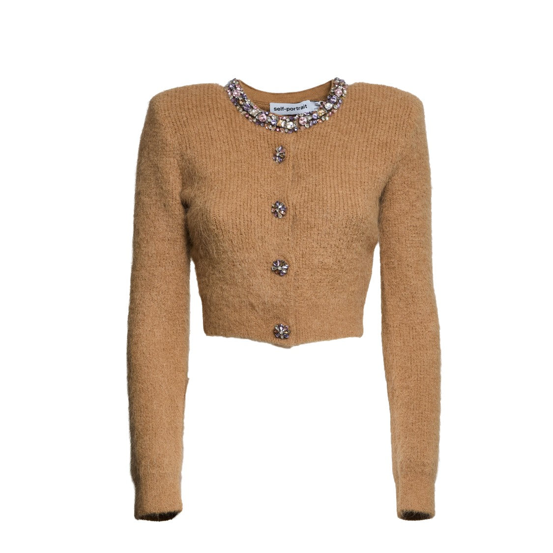 Self-Portrait Cropped Brown Cardigan With Sparkling Accents
