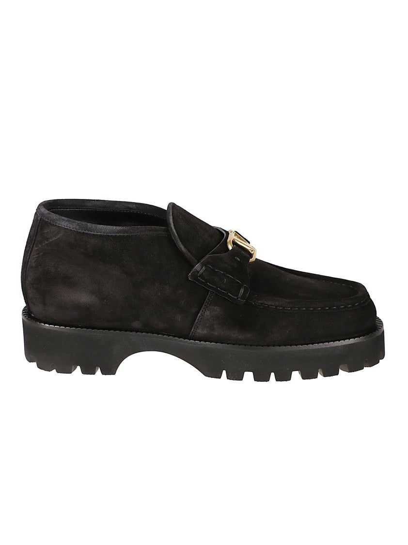 Valentino Garavani Low-Profile Black Suede Loafers With Gold Logo Detail