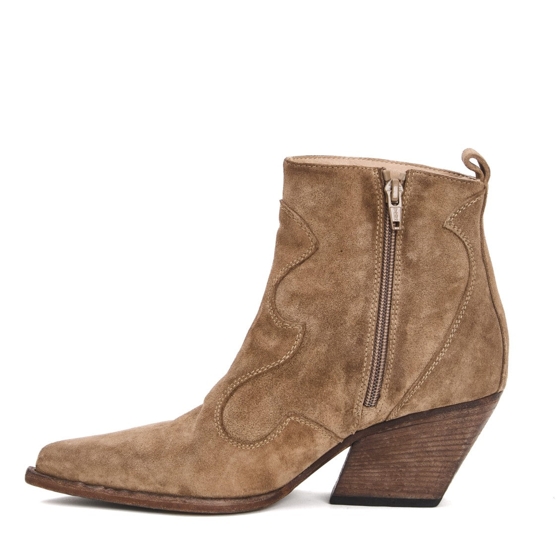 Elena Iachi Beige Suede Ankle Boots With Curved Seam Detail