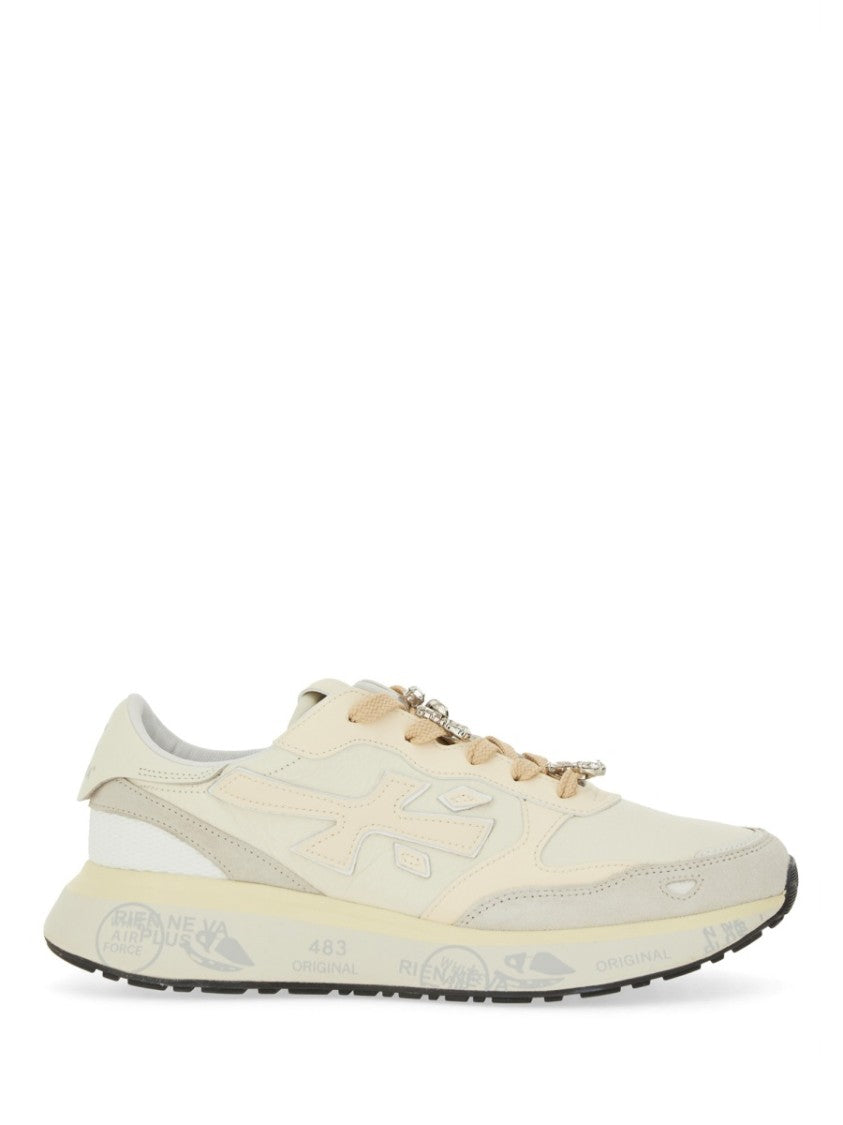 Premiata Light Beige Calf Leather Low-Top Sneakers With Metallic Accents