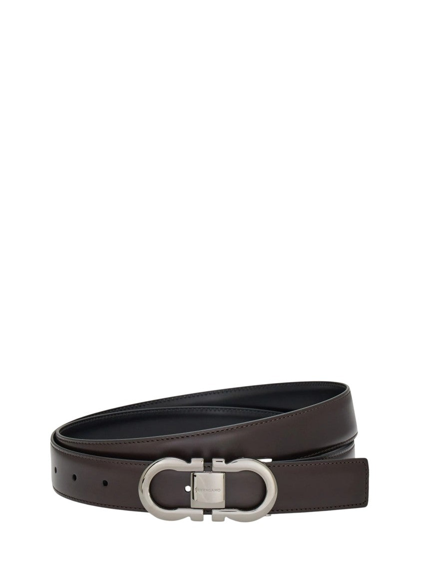 Ferragamo Reversible Leather Belt With Polished Double Gancini Buckle