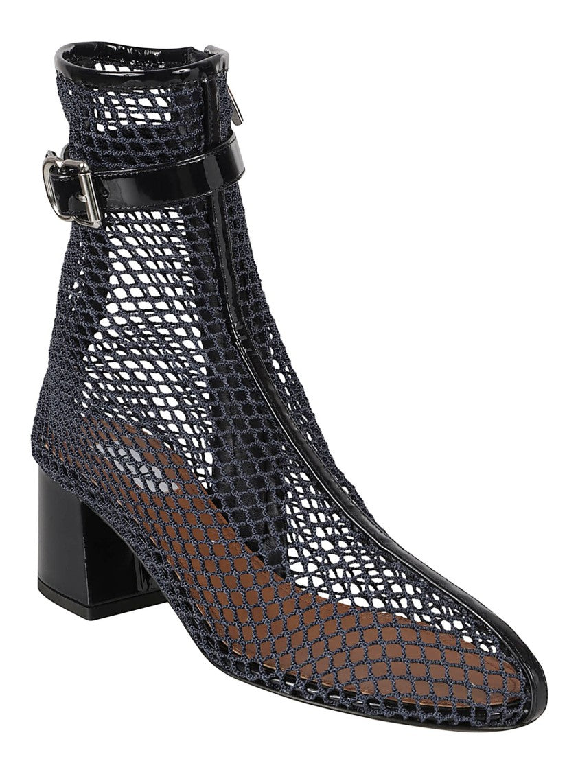 Alaïa Mesh Overlay Ankle Boots With Block Heel And Silver Buckle