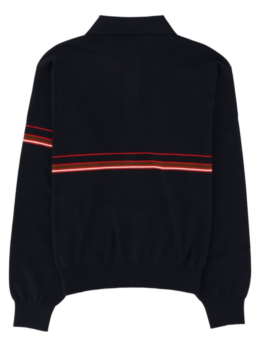 Versace Blue Polo Collar Striped Cotton Sweater