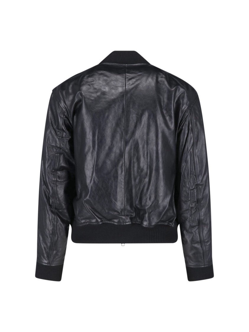 Sunflower Black Leather Ribbed Details Bomber Jacket