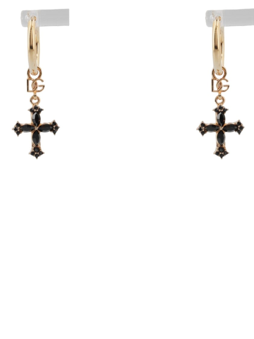 Dolce & Gabbana Gold-Tone Cross Glass Pendant Hoop Earrings