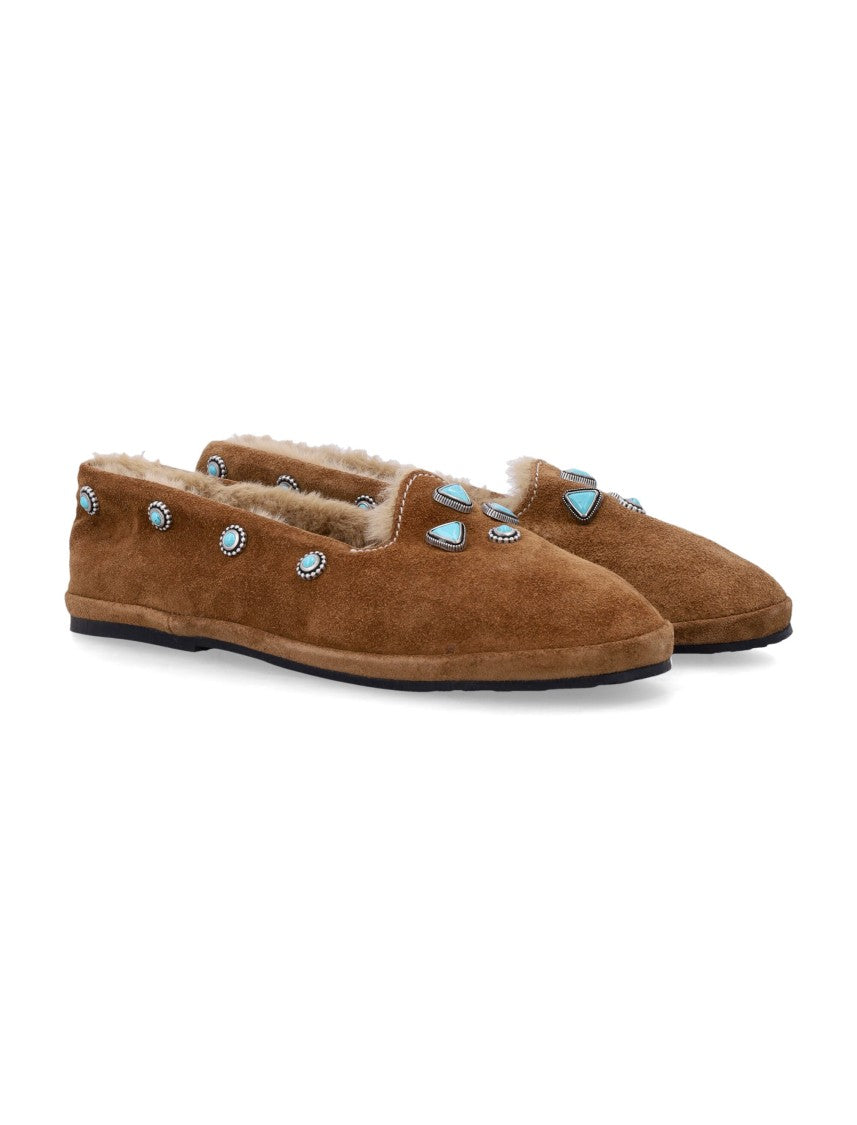 Fortela Suede Friulan Slippers With Turquoise Stone Embellishments